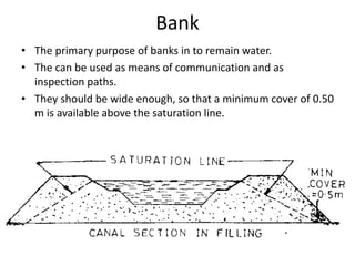 Bank
• The primary purpose of banks in to remain water.
• The can be used as means of communication and as
inspection paths.
• They should be wide enough, so that a minimum cover of 0.50
m is available above the saturation line.
 