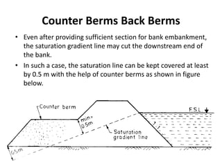 Counter Berms Back Berms
• Even after providing sufficient section for bank embankment,
the saturation gradient line may cut the downstream end of
the bank.
• In such a case, the saturation line can be kept covered at least
by 0.5 m with the help of counter berms as shown in figure
below.
 