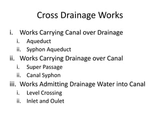 Cross Drainage Works
i. Works Carrying Canal over Drainage
i. Aqueduct
ii. Syphon Aqueduct
ii. Works Carrying Drainage over Canal
i. Super Passage
ii. Canal Syphon
iii. Works Admitting Drainage Water into Canal
i. Level Crossing
ii. Inlet and Oulet
 
