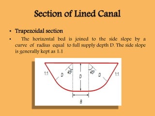 Section of Lined Canal
• Trapezoidal section
• The horizontal bed is joined to the side slope by a
curve of radius equal to full supply depth D. The side slope
is generally kept as 1:1
 