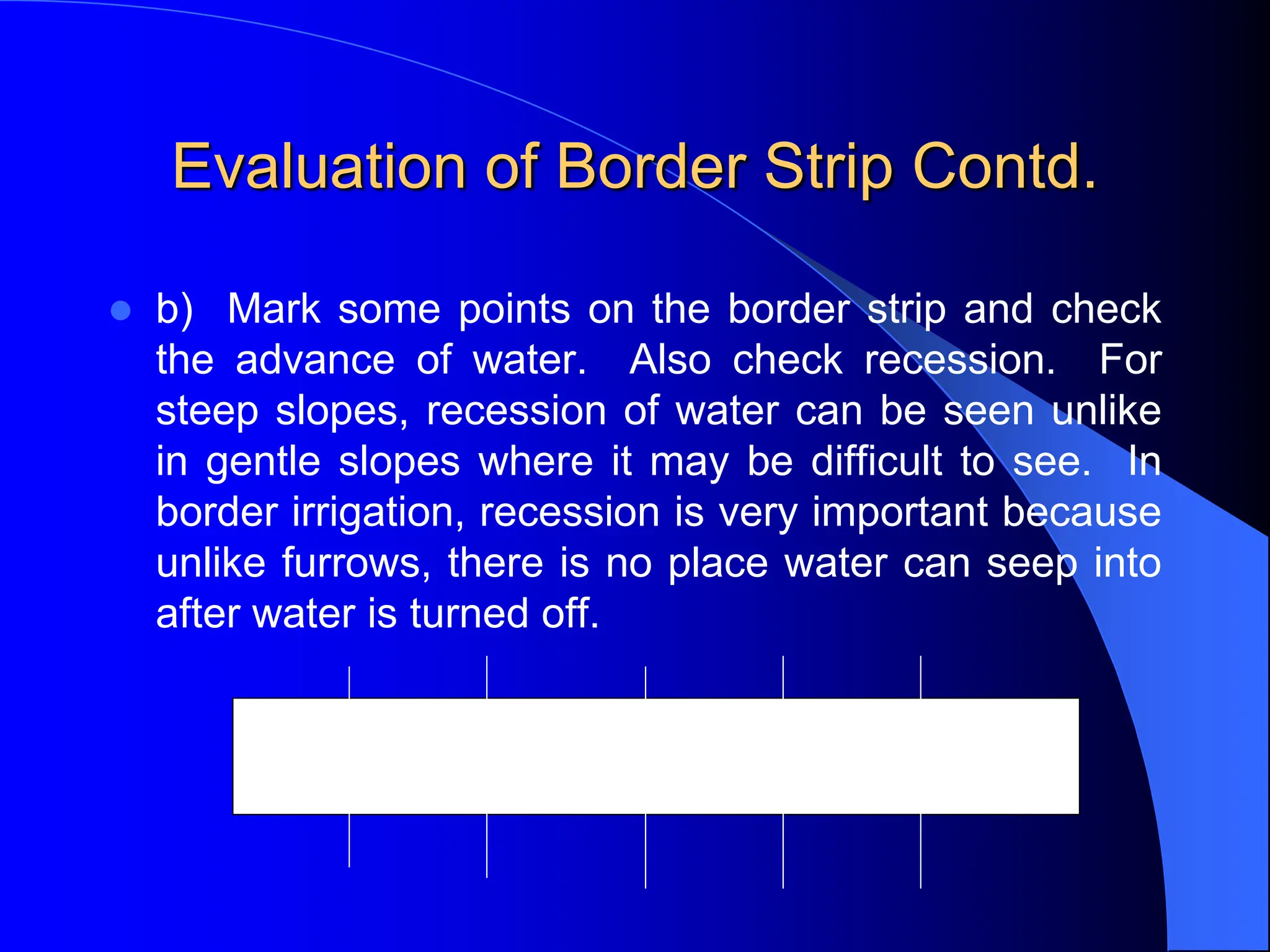 Evaluation of Border Strip Contd.
 b) Mark some points on the border strip and check
the advance of water. Also check recession. For
steep slopes, recession of water can be seen unlike
in gentle slopes where it may be difficult to see. In
border irrigation, recession is very important because
unlike furrows, there is no place water can seep into
after water is turned off.
 