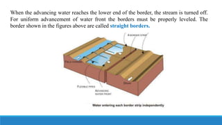 When the advancing water reaches the lower end of the border, the stream is turned off.
For uniform advancement of water front the borders must be properly leveled. The
border shown in the figures above are called straight borders.
 