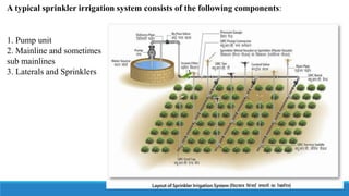 A typical sprinkler irrigation system consists of the following components:
1. Pump unit
2. Mainline and sometimes
sub mainlines
3. Laterals and Sprinklers
 