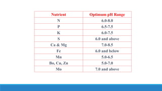 Nutrient Optimum pH Range
N 6.0-8.0
P 6.5-7.5
K 6.0-7.5
S 6.0 and above
Ca & Mg 7.0-8.5
Fe 6.0 and below
Mn 5.0-6.5
Bo, Cu, Zn 5.0-7.0
Mo 7.0 and above
 