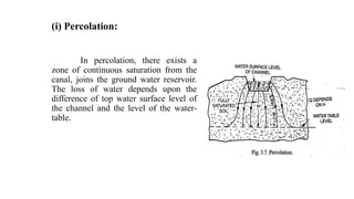 (i) Percolation:
In percolation, there exists a
zone of continuous saturation from the
canal, joins the ground water reservoir.
The loss of water depends upon the
difference of top water surface level of
the channel and the level of the water-
table.
 
