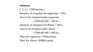 Solution:
C.C.A = 1200 hectares
Intensity of irrigation for sugarcane = 20%
Area to be irrigated under sugarcane
=1200x20/100 = 240 ha
Intensity of irrigation for Wheat = 40%
Area to be irrigated under wheat
=1200x40/100 = 480 ha
Duty for sugarcane=730ha/cumec
Duty for wheat=1800ha/cumec
 