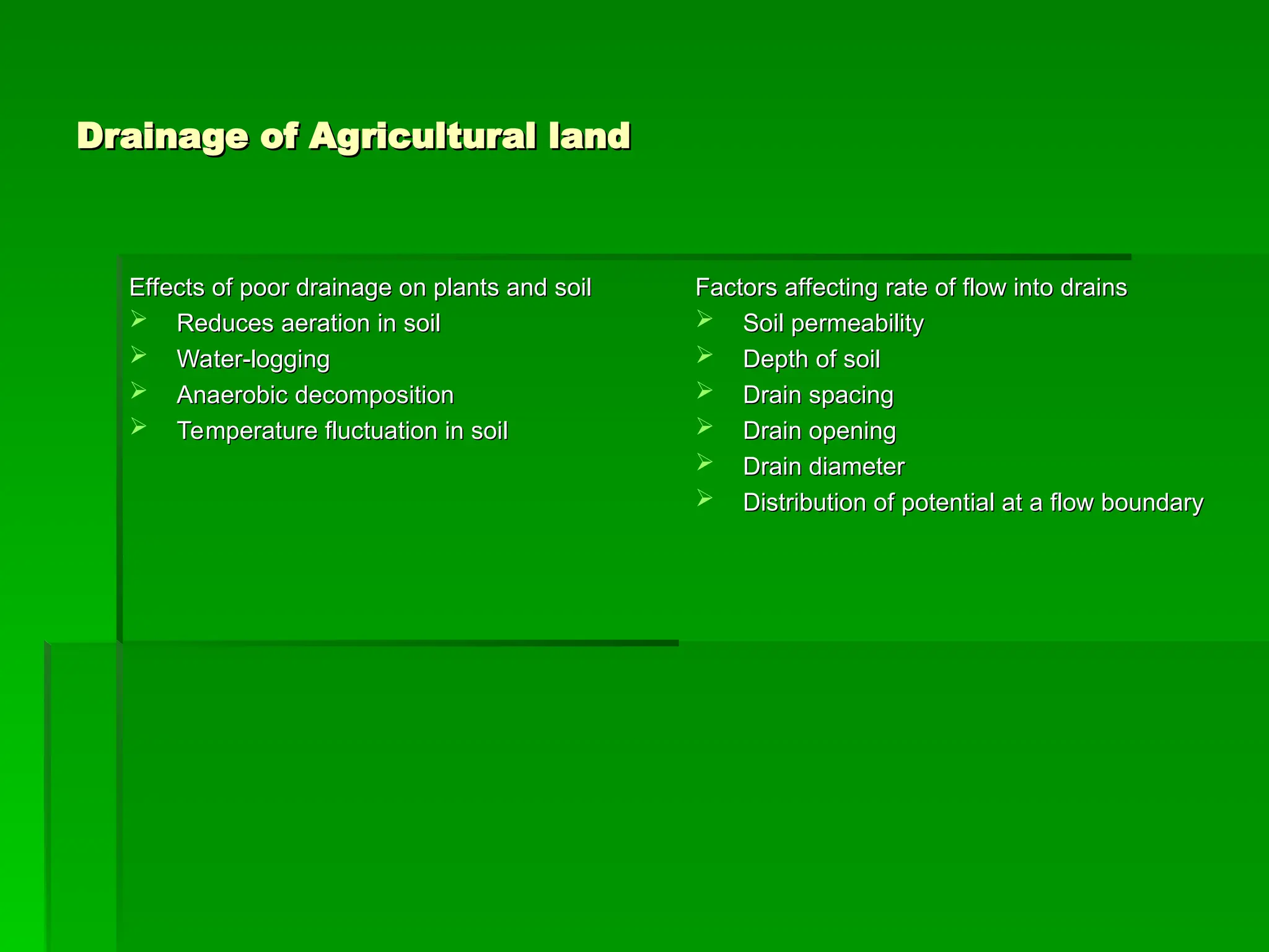 Drainage of Agricultural land
Drainage of Agricultural land
Effects of poor drainage on plants and soil
Effects of poor drainage on plants and soil
 Reduces aeration in soil
Reduces aeration in soil
 Water-logging
Water-logging
 Anaerobic decomposition
Anaerobic decomposition
 Temperature fluctuation in soil
Temperature fluctuation in soil
Factors affecting rate of flow into drains
Factors affecting rate of flow into drains
 Soil permeability
Soil permeability
 Depth of soil
Depth of soil
 Drain spacing
Drain spacing
 Drain opening
Drain opening
 Drain diameter
Drain diameter
 Distribution of potential at a flow boundary
Distribution of potential at a flow boundary
 