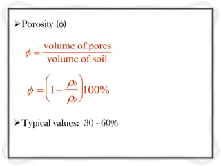 Porosity ()
Typical values: 30 - 60%
 
volume of pores
volume of soil



 





1 100%
b
p
 