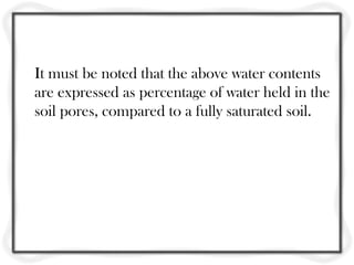 It must be noted that the above water contents
are expressed as percentage of water held in the
soil pores, compared to a fully saturated soil.
 
