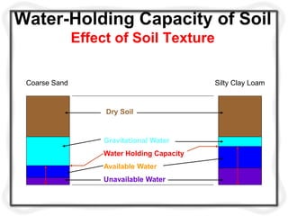 Water-Holding Capacity of Soil
               Effect of Soil Texture

 Coarse Sand                                 Silty Clay Loam



                    Dry Soil



                    Gravitational Water
                    Water Holding Capacity
                    Available Water
                    Unavailable Water
 