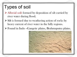 Types of soil
 Alluvial soil: formed by deposition of silt carried by
  river water during flood.
 Silt is formed due to weathering action of rocks by
  heavy current of river water in the hilly regions.
 Found in Indo –Gangetic plains, Brahmaputra plains.
 