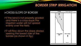 BORDER STRIP IRRIGATION
CROSS-SLOPE OF BORDER
if the land is not properly graded
and there is a cross-slope,the
irrigation water will not spread
evenly over the field.
it will flow down the slope always
seeking the lowest side of the
border.(as shown in fig.)

 