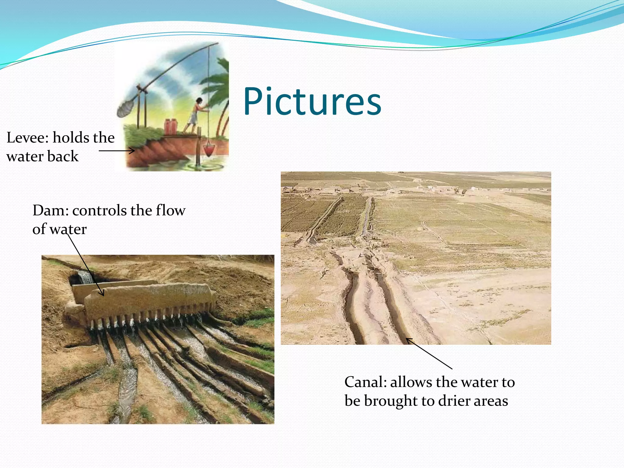 Pictures
Levee: holds the
water back


   Dam: controls the flow
   of water




                                 Canal: allows the water to
                                 be brought to drier areas
 