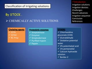 Classification of Irrigating solutions:
By STOCK .
 CHEMICALLY ACTIVE SOLUTIONS
Chelating agents
 EDTA
 EDTAC
 RC-Prep...