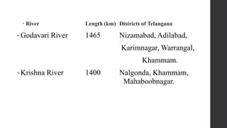  River Length (km) Districts of Telangana
• Godavari River 1465 Nizamabad, Adilabad,
Karimnagar, Warrangal,
Khammam.
• Krishna River 1400 Nalgonda, Khammam,
Mahaboobnagar.
 