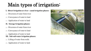 Main types of irrigation:
I. Direct Irrigation or river - canal irrigation phases:
(a) Diversion of water from river
(b) Conveyance of water to land
(c) Application of water to land
II. Storage Irrigation phases:
(a) Diversion of water from river
(b) Conveyance of water to land
(c) Application of water to land
III. Sub soil water irrigation phases:
(a) Lifting of water from wells
(b) Application of water to land
 