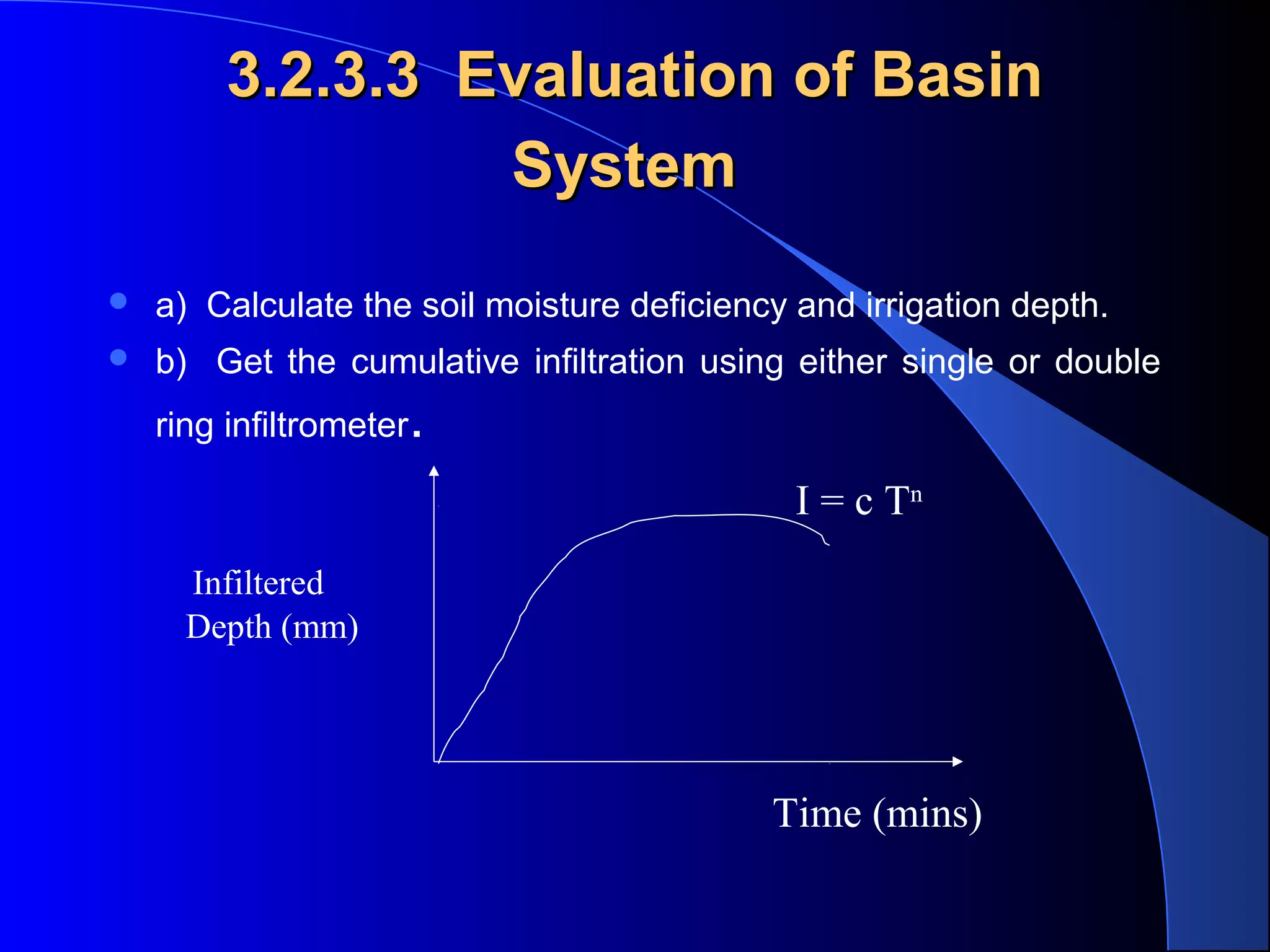 3.2.3.3 Evaluation of Basin
System


a) Calculate the soil moisture deficiency and irrigation depth.



b) Get the cumulative infiltration using either single or double
ring infiltrometer

.
I = c Tn

Infiltered
Depth (mm)

Time (mins)

 