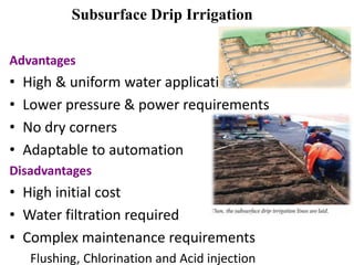Subsurface Drip Irrigation
Advantages
• High & uniform water application
• Lower pressure & power requirements
• No dry corners
• Adaptable to automation
Disadvantages
• High initial cost
• Water filtration required
• Complex maintenance requirements
Flushing, Chlorination and Acid injection
 