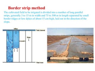 Border strip method
The cultivated field to be irrigated is divided into a number of long parallel
strips, generally 3 to 15 m in width and 75 to 300 m in length separated by small
border ridges or low dykes of about 15 cm high, laid out in the direction of the
slope.
 
