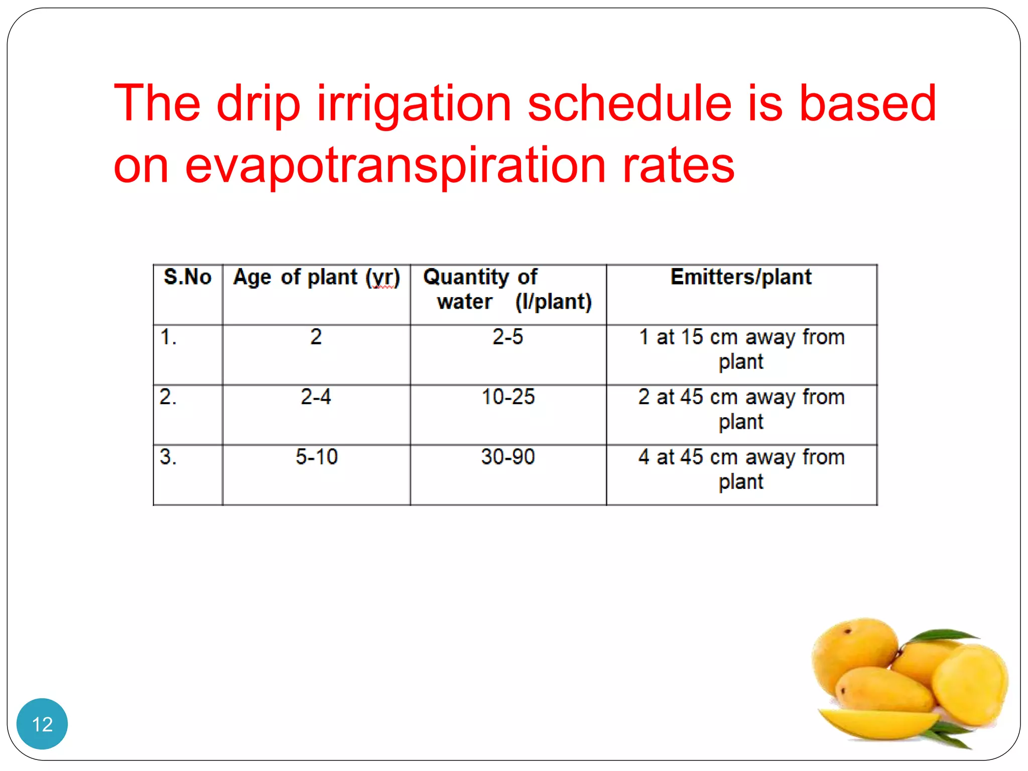 The drip irrigation schedule is based
on evapotranspiration rates
12
 