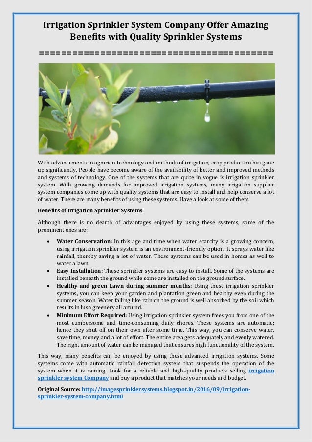 Irrigation Sprinkler System Company Offer Amazing Benefits with Quality