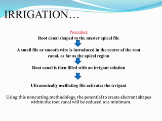 IRRIGATION…
Procedure
Root canal shaped to the master apical file
A small file or smooth wire is introduced in the centre of the root
canal, as far as the apical region
Root canal is then filled with an irrigant solution
Ultrasonically oscillating file activates the irrigant
Using this noncutting methodology, the potential to create aberrant shapes
within the root canal will be reduced to a minimum.
 