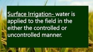 Surface Irrigation- water is
applied to the field in the
either the controlled or
uncontrolled manner.
 