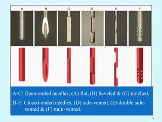 9
A-C: Open-ended needles; (A) flat, (B) beveled & (C) notched.
D-F: Closed-ended needles; (D) side-vented, (E) double side-
vented & (F) muti-vented.
 
