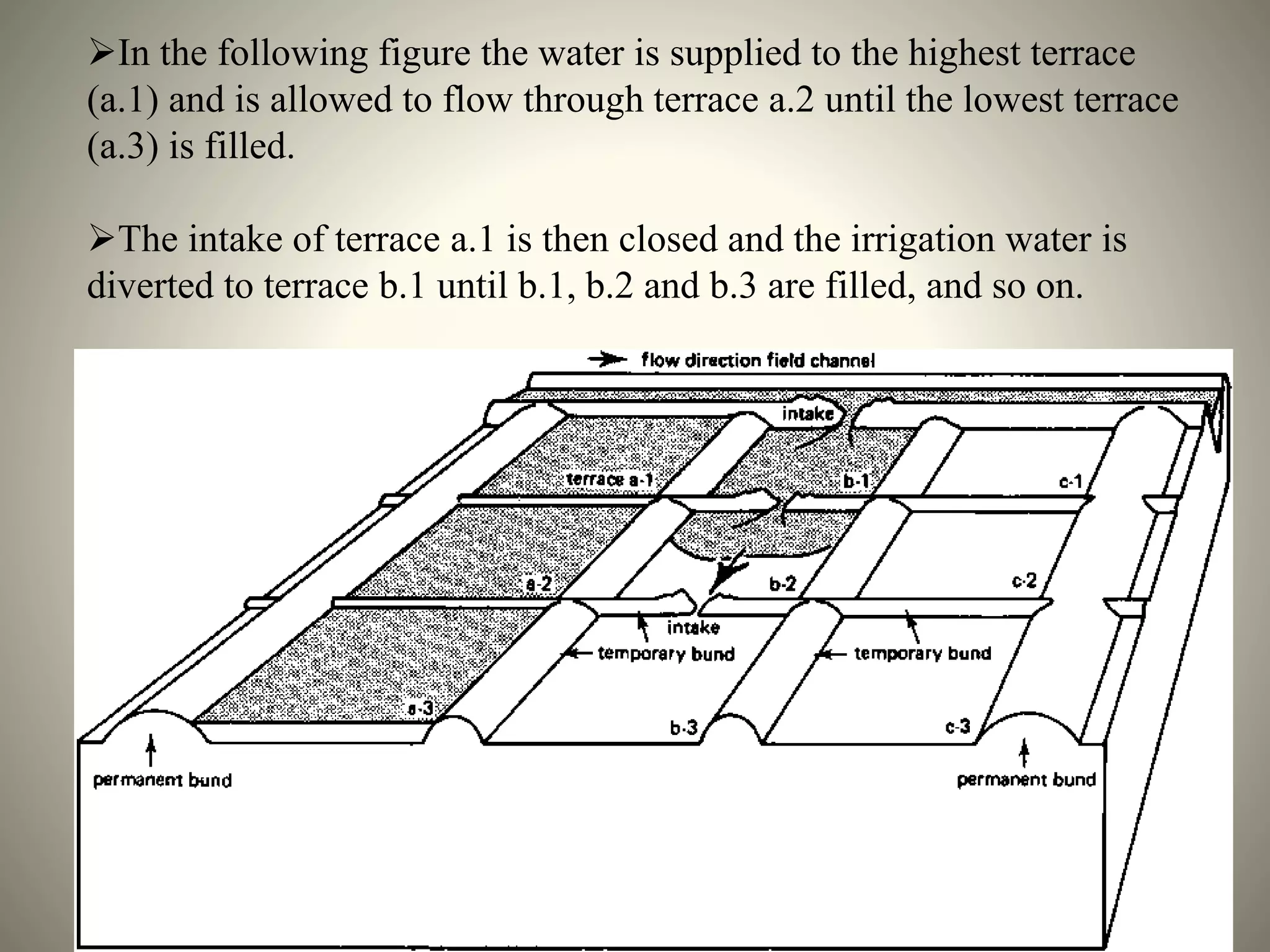 Pranamesh Chakraborty
In the following figure the water is supplied to the highest terrace
(a.1) and is allowed to flow through terrace a.2 until the lowest terrace
(a.3) is filled.
The intake of terrace a.1 is then closed and the irrigation water is
diverted to terrace b.1 until b.1, b.2 and b.3 are filled, and so on.
 