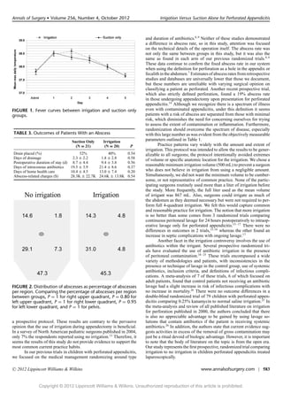 Annals of Surgery r Volume 256, Number 4, October 2012                            Irrigation Versus Suction Alone for Perforated Appendicitis



                                                                          and duration of antibiotics.8,9 Neither of these studies demonstrated
                                                                          a difference in abscess rate, so in this study, attention was focused
                                                                          on the technical details of the operation itself. The abscess rate was
                                                                          not only the same between groups in this study, but it was also the
                                                                          same as found in each arm of our previous randomized trials.8,9
                                                                          These data continue to conﬁrm the ﬁxed abscess rate in our system
                                                                          when using the deﬁnition for perforation as a hole in the appendix or
                                                                          fecalith in the abdomen.7 Estimates of abscess rates from retrospective
                                                                          studies and databases are universally lower that those we document,
                                                                          but these numbers are unreliable with varying surgical opinion on
                                                                          classifying a patient as perforated. Another recent prospective trial,
                                                                          which also strictly deﬁned perforation, found a 19% abscess rate
                                                                          in those undergoing appendectomy upon presentation for perforated
                                                                          appendicitis.14 Although we recognize there is a spectrum of illness
FIGURE 1. Fever curves between irrigation and suction only                even with contaminated appendicitis, under this deﬁnition it seems
groups.                                                                   patients with a risk of abscess are separated from those with minimal
                                                                          risk, which diminishes the need for concerning ourselves for trying
                                                                          to assess the extent of contamination or inﬂammation. Furthermore,
                                                                          randomization should overcome the spectrum of disease, especially
TABLE 3. Outcomes of Patients With an Abscess                             with this large number as was evident from the objectively measurable
                                  Suction Only      Irrigation            parameters outlined in Table 1.
                                    (N = 21)         (N = 20)      P              Practice patterns vary widely with the amount and extent of
                                                                          irrigation. This protocol was intended to allow the results to be gener-
Drain placed (%)                        52%           40%         0.54    alizable to all surgeons; the protocol intentionally avoided extremes
Days of drainage                    2.3 ± 2.2     1.8 ± 2.8       0.58    of volume or speciﬁc anatomic location for the irrigation. We chose a
Postoperative duration of stay (d) 8.7 ± 4.4      9.4 ± 3.8       0.56
Days of intravenous antibiotics    19.5 ± 3.9    21.4 ± 8.6       0.37
                                                                          reasonable minimum irrigation volume (500 mL) to prevent a surgeon
Days of home health care           10.4 ± 4.5    13.0 ± 7.4       0.20    who does not believe in irrigation from using a negligible amount.
Abscess-related charges ($)        28.3K ± 22.7K 24.6K ± 13.8K    0.54    Simultaneously, we did not want the minimum volume to be cumber-
                                                                          some, or not representative of common practice. None of the partic-
                                                                          ipating surgeons routinely used more than a liter of irrigation before
                                                                          the study. More frequently, the full liter used as the mean volume
                                                                          of irrigant was 867 mL. Also, surgeons could irrigate as much of
                                                                          the abdomen as they deemed necessary but were not required to per-
                                                                          form full 4-quadrant irrigation. We felt this would capture common
                                                                          and reasonable practice for irrigation. The notion that more irrigation
                                                                          is no better than some comes from 3 randomized trials comparing
                                                                          continuous peritoneal lavage for 24 hours postoperatively to intraop-
                                                                          erative lavage only for perforated appendicitis.15–17 There were no
                                                                          differences in outcomes in 2 trials,15,16 whereas the other found an
                                                                          increase in septic complications with ongoing lavage.17
                                                                                  Another facet in the irrigation controversy involves the use of
                                                                          antibiotics within the irrigant. Several prospective randomized tri-
                                                                          als have evaluated the use of antibiotic irrigation in the presence
                                                                          of peritoneal contamination.18–25 These trials encompassed a wide
                                                                          variety of methodologies and patients, with inconsistencies in the
                                                                          presence or technique of lavage in the control group, use of systemic
                                                                          antibiotics, inclusion criteria, and deﬁnitions of infectious compli-
                                                                          cations. A meta-analysis of 7 of these trials, 6 of which focused on
                                                                          adult patients, found that control patients not receiving an antibiotic
FIGURE 2. Distribution of abscesses as percentage of abscesses            lavage had a slight increase in risk of infectious complications with
per region. Comparing the percentage of abscesses per region              no increase in mortality.26 There were no outcome differences in a
between groups, P = 1 for right upper quadrant, P = 0.80 for              double-blind randomized trial of 79 children with perforated appen-
left upper quadrant, P = 1 for right lower quadrant, P = 0.95             dicitis comparing 0.25% kanamycin to normal saline irrigation.25 In
for left lower quadrant, and P = 1 for pelvis.                            the meta-analysis and review of all published literature on irrigation
                                                                          for perforation published in 2000, the authors concluded that there
                                                                          is also no appreciable advantage to be gained by using lavage so-
a prospective protocol. These results are contrary to the pervasive       lutions that contain antibiotics if the patient is receiving systemic
opinion that the use of irrigation during appendectomy is beneﬁcial.      antibiotics.26 In addition, the authors state that current evidence sug-
In a survey of North American pediatric surgeons published in 2004,       gests activities in excess of the removal of gross contamination may
only 7% the respondents reported using no irrigation.13 Therefore, it     just be a ritual devoid of biologic advantage. However, it is important
seems the results of this study do not provide evidence to support the    to note that the body of literature on the topic is from the open era.
most common current practice habits.                                      Our study represents the ﬁrst prospective, randomized trial comparing
       In our previous trials in children with perforated appendicitis,   irrigation to no irrigation in children perforated appendicitis treated
we focused on the medical management randomizing around type              laparoscopically.

C   2012 Lippincott Williams & Wilkins                                                                    www.annalsofsurgery.com | 583


               Copyright © 2012 Lippincott Williams & Wilkins. Unauthorized reproduction of this article is prohibited.
 