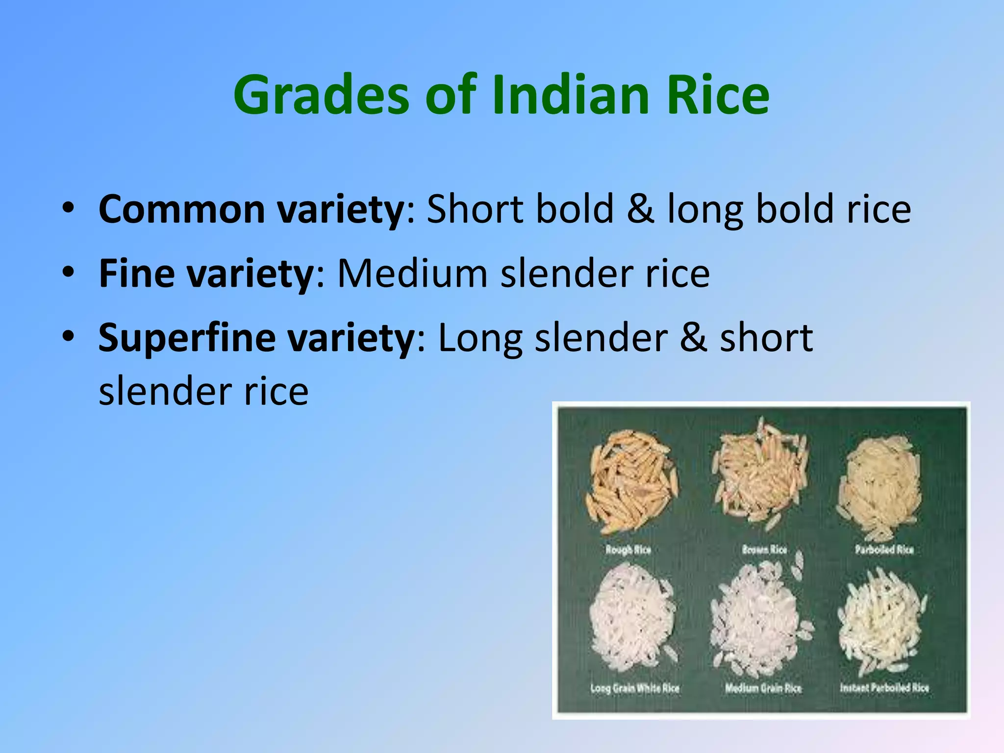 Grades of Indian Rice
• Common variety: Short bold & long bold rice
• Fine variety: Medium slender rice
• Superfine variety: Long slender & short
slender rice
 