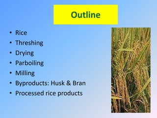 Outline
• Rice
• Threshing
• Drying
• Parboiling
• Milling
• Byproducts: Husk & Bran
• Processed rice products
 