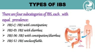 TYPES OF IBS
There are four subcategories of IBS, each with
equal prevalence:
 IBS-C: IBS with constipation;
 IBS-D: IBS with diarrhea;
 IBS-M: IBS with constipation/diarrhea;
 IBS-U: IBS unclassifiable.
 