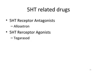 5HT related drugs
• 5HT Receptor Antagonists
– Allosetron
• 5HT Rerceptor Agonists
– Tegarasod
56
 