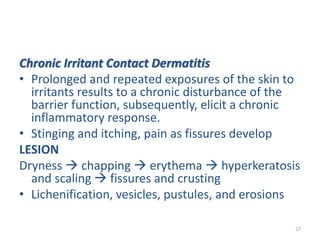 Chronic Irritant Contact Dermatitis
• Prolonged and repeated exposures of the skin to
irritants results to a chronic disturbance of the
barrier function, subsequently, elicit a chronic
inflammatory response.
• Stinging and itching, pain as fissures develop
LESION
Dryness  chapping  erythema  hyperkeratosis
and scaling  fissures and crusting
• Lichenification, vesicles, pustules, and erosions
27
 