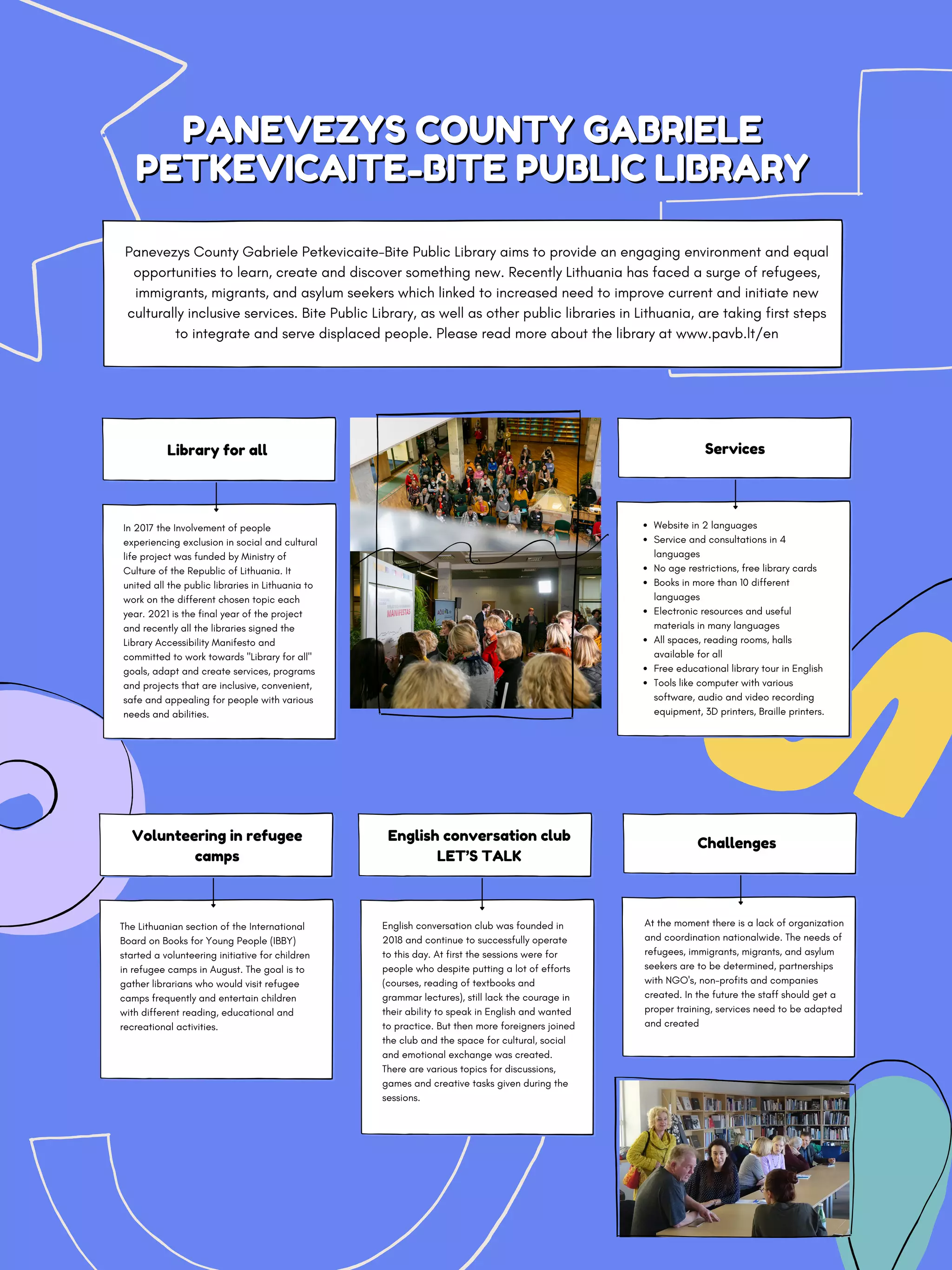 PANEVEZYS COUNTY GABRIELE
PANEVEZYS COUNTY GABRIELE
PETKEVICAITE-BITE PUBLIC LIBRARY
PETKEVICAITE-BITE PUBLIC LIBRARY
Panevezys County Gabriele Petkevicaite-Bite Public Library aims to provide an engaging environment and equal
opportunities to learn, create and discover something new. Recently Lithuania has faced a surge of refugees,
immigrants, migrants, and asylum seekers which linked to increased need to improve current and initiate new
culturally inclusive services. Bite Public Library, as well as other public libraries in Lithuania, are taking first steps
to integrate and serve displaced people. Please read more about the library at www.pavb.lt/en
In 2017 the Involvement of people
experiencing exclusion in social and cultural
life project was funded by Ministry of
Culture of the Republic of Lithuania. It
united all the public libraries in Lithuania to
work on the different chosen topic each
year. 2021 is the final year of the project
and recently all the libraries signed the
Library Accessibility Manifesto and
committed to work towards "Library for all"
goals, adapt and create services, programs
and projects that are inclusive, convenient,
safe and appealing for people with various
needs and abilities.
Library for all Services
English conversation club
LET’S TALK
English conversation club was founded in
2018 and continue to successfully operate
to this day. At first the sessions were for
people who despite putting a lot of efforts
(courses, reading of textbooks and
grammar lectures), still lack the courage in
their ability to speak in English and wanted
to practice. But then more foreigners joined
the club and the space for cultural, social
and emotional exchange was created.
There are various topics for discussions,
games and creative tasks given during the
sessions.
Volunteering in refugee
camps
The Lithuanian section of the International
Board on Books for Young People (IBBY)
started a volunteering initiative for children
in refugee camps in August. The goal is to
gather librarians who would visit refugee
camps frequently and entertain children
with different reading, educational and
recreational activities.
Website in 2 languages
Service and consultations in 4
languages
No age restrictions, free library cards
Books in more than 10 different
languages
Electronic resources and useful
materials in many languages
All spaces, reading rooms, halls
available for all
Free educational library tour in English
Tools like computer with various
software, audio and video recording
equipment, 3D printers, Braille printers.
Challenges
At the moment there is a lack of organization
and coordination nationalwide. The needs of
refugees, immigrants, migrants, and asylum
seekers are to be determined, partnerships
with NGO's, non-profits and companies
created. In the future the staff should get a
proper training, services need to be adapted
and created
 