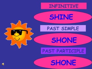 INFINITIVE PAST SIMPLE PAST PARTICIPLE SHINE SHONE SHONE 