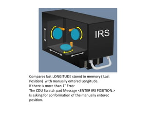 The final check during alignment is the stored
position of the origin airport entered in the CDU
and the IRS present posit...