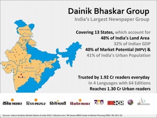 Dainik Bhaskar Group India’s Largest Newspaper Group Covering 13 States,  which account for 48% of India’s Land Area  32% of Indian GDP 40% of Market Potential  (MPV)  & 41% of India’s Urban Population Trusted by 1.92 Cr readers everyday  In 4 Languages with 64 Editions Reaches 1.30 Cr Urban readers Sources: Indicus Analytics Market Skyline of India 2010 / indiastat.com / RK Swamy BBDO Guide to Market Planning 2008 / IRS 2011 Q3  