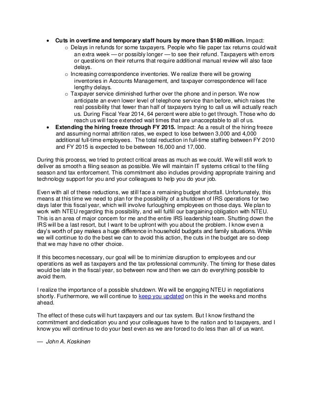 IRS Commissioner John Koskinen's Letter to Employees