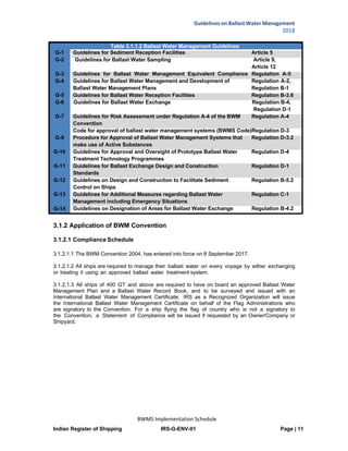 Indian Register of Shipping IRS-G-ENV-01 Page | 11
Guidelines on Ballast Water Management
2018
 
 
Table 3.1.1.2 Ballast Water Management Guidelines
G-1
G-2
G-3
G-4
G-5
G-6
G-7
G-9
G-10
G-11
G-12
G-13
G-14
Guidelines for Sediment Reception Facilities Article 5
Guidelines for Ballast Water Sampling Article 9,
Article 12
Guidelines for Ballast Water Management Equivalent Compliance Regulation A-5
Guidelines for Ballast Water Management and Development of Regulation A-2,
Ballast Water Management Plans Regulation B-1
Guidelines for Ballast Water Reception Facilities Regulation B-3.6
Guidelines for Ballast Water Exchange Regulation B-4,
Regulation D-1
Guidelines for Risk Assessment under Regulation A-4 of the BWM Regulation A-4
Convention
Code for approval of ballast water management systems (BWMS Code)Regulation D-3
Procedure for Approval of Ballast Water Management Systems that Regulation D-3.2
make use of Active Substances
Guidelines for Approval and Oversight of Prototype Ballast Water Regulation D-4
Treatment Technology Programmes
Guidelines for Ballast Exchange Design and Construction Regulation D-1
Standards
Guidelines on Design and Construction to Facilitate Sediment Regulation B-5.2
Control on Ships
Guidelines for Additional Measures regarding Ballast Water Regulation C-1
Management including Emergency Situations
Guidelines on Designation of Areas for Ballast Water Exchange Regulation B-4.2
3.1.2 Application of BWM Convention
3.1.2.1 Compliance Schedule
3.1.2.1.1 The BWM Convention 2004, has entered into force on 8 September 2017.
3.1.2.1.2 All ships are required to manage their ballast water on every voyage by either exchanging
or treating it using an approved ballast water treatment system.
3.1.2.1.3 All ships of 400 GT and above are required to have on board an approved Ballast Water
Management Plan and a Ballast Water Record Book, and to be surveyed and issued with an
International Ballast Water Management Certificate. IRS as a Recognized Organization will issue
the International Ballast Water Management Certificate on behalf of the Flag Administrations who
are signatory to the Convention. For a ship flying the flag of country who is not a signatory to
the Convention, a Statement of Compliance will be issued if requested by an Owner/Company or
Shipyard.
 
 
 
 
 
 
 
 
 
 
 
BWMS Implementation Schedule 
 