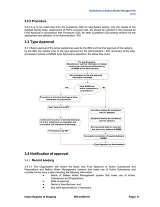 Indian Register of Shipping IRS-G-ENV-01 Page | 71
Guidelines on Ballast Water Management
2018
 
 
3.2.2 Procedure
3.2.2 It is to be noted that from the Guidelines (G8) for land-based testing, only the results of the
residual toxicity tests, assessment of PSPC corrosion test, etc should be included in the proposal for
Final Approval in accordance with Procedure (G9). All other Guidelines (G8) testing remains for the
assessment and attention of the Administration / RO.
3.3 Type Approval
3.3.1 Basic approval of the active substances used by the IMO and the final approval of the systems
by the IMO are needed prior to the type approval by the Administration / RO. Summary of the total
processes involved in BWMS Type Approval is depicted in the below flow chart.
3.4 Notification of approval
3.4.1 Record keeping
3.4.1.1 The Organization will record the Basic and Final Approval of Active Substances and
Preparations and Ballast Water Management systems that make use of Active Substances and
circulate the list once a year including the following information:
• Name of Ballast Water Management system that make use of Active
Substances and Preparations;
• Date of approval;
• Name of manufacturer; and
• Any other specifications, if necessary.
 
