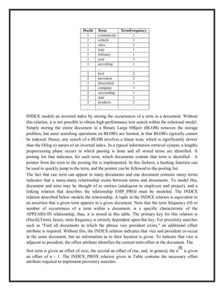 INDEX models an inverted index by storing the occurrences of a term in a document. Without
this relation, it is not possible to obtain high performance text search within the relational model.
Simply storing the entire document in a Binary Large OBject (BLOB) removes the storage
problem, but most searching operations on BLOB's are limited, in that BLOB's typically cannot
be indexed. Hence, any search of a BLOB involves a linear scan, which is significantly slower
than the O(log n) nature of an inverted index. In a typical information retrieval system, a lengthy
preprocessing phase occurs in which parsing is done and all stored terms are identified. A
posting list that indicates, for each term, which documents contain that term is identified . A
pointer from the term to the posting list is implemented. In this fashion, a hashing function can
be used to quickly jump to the term, and the pointer can be followed to the posting list.
The fact that one term can appear in many documents and one document contains many terms
indicates that a many-many relationship exists between terms and documents. To model this,
document and term may be thought of as entities (analogous to employee and project), and a
linking relation that describes the relationship EMP_PROJ must be modeled. The INDEX
relation described below models the relationship. A tuple in the INDEX relation is equivalent to
an assertion that a given term appears in a given document. Note that the term frequency (tf) or
number of occurrences of a term within a document, is a specific characteristic of the
APPEARS-IN relationship; thus, it is stored in this table. The primary key for this relation is
(DocId,Term), hence, term frequency is entirely dependent upon this key. For proximity searches
such as "Find all documents in which the phrase vice president exists," an additional offset
attribute is required. Without this, the INDEX relation indicates that vice and president co-occur
in the same document, but no information as to their location is given. To indicate that vice is
adjacent to president, the offset attribute identifies the current term offset in the document. The
first term is given an offset of zero, the second an offset of one, and, in general, the n
th
is given
an offset of n - 1. The INDEX_PROX relation given in Table contains the necessary offset
attribute required to implement proximity searches.
 