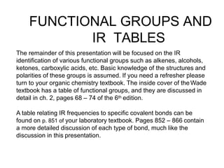 FUNCTIONAL GROUPS AND
IR TABLES
The remainder of this presentation will be focused on the IR
identification of various functional groups such as alkenes, alcohols,
ketones, carboxylic acids, etc. Basic knowledge of the structures and
polarities of these groups is assumed. If you need a refresher please
turn to your organic chemistry textbook. The inside cover of theWade
textbook has a table of functional groups, and they are discussed in
detail in ch. 2, pages 68 – 74 of the 6th edition.
A table relating IR frequencies to specific covalent bonds can be
found on p. 851 of your laboratory textbook. Pages 852 – 866 contain
a more detailed discussion of each type of bond, much like the
discussion in this presentation.
 