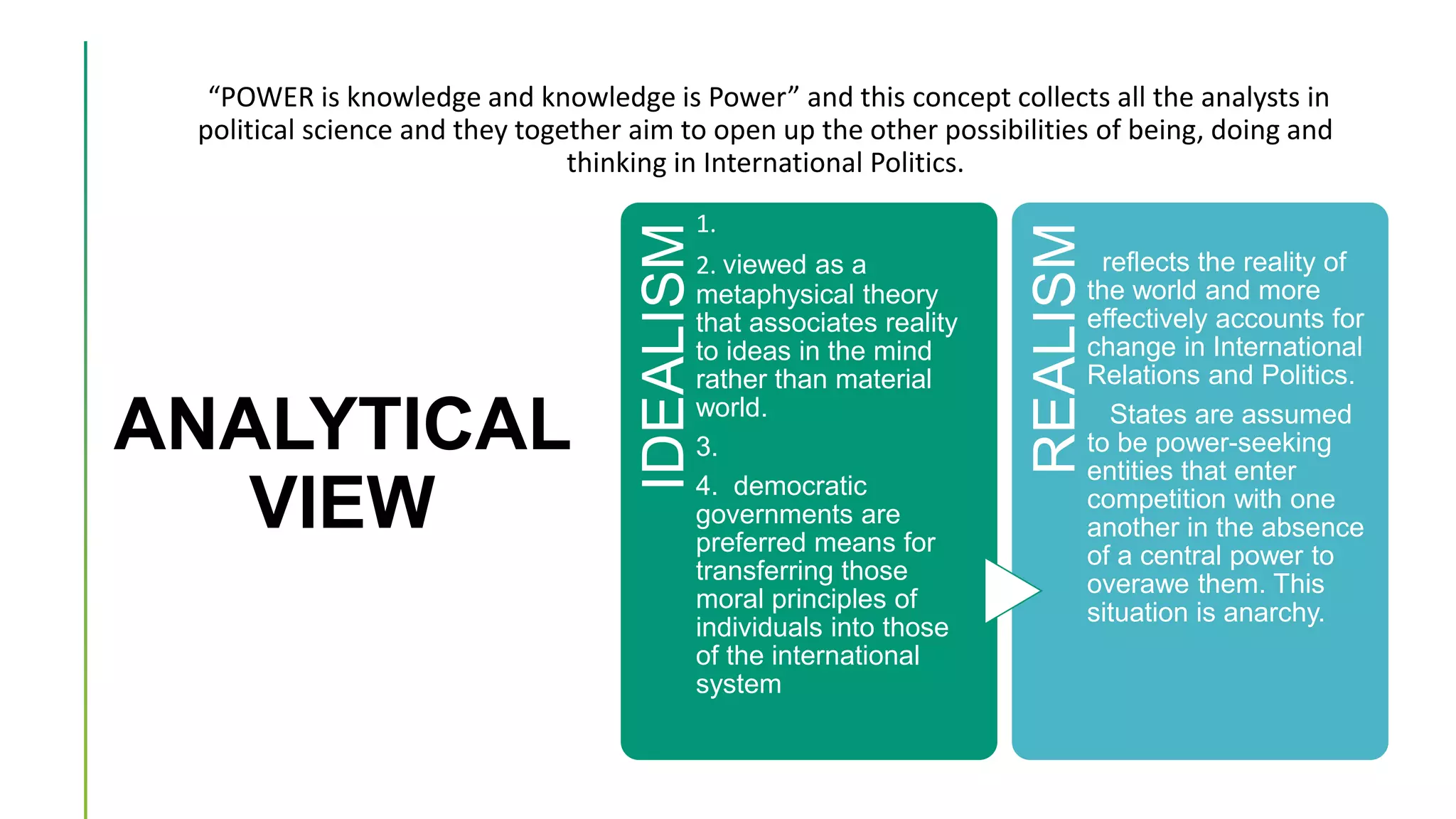 ANALYTICAL
VIEW
“POWER is knowledge and knowledge is Power” and this concept collects all the analysts in
political science and they together aim to open up the other possibilities of being, doing and
thinking in International Politics.
IDEALISM
1.
2. viewed as a
metaphysical theory
that associates reality
to ideas in the mind
rather than material
world.
3.
4. democratic
governments are
preferred means for
transferring those
moral principles of
individuals into those
of the international
system
REALISM
reflects the reality of
the world and more
effectively accounts for
change in International
Relations and Politics.
States are assumed
to be power-seeking
entities that enter
competition with one
another in the absence
of a central power to
overawe them. This
situation is anarchy.
 