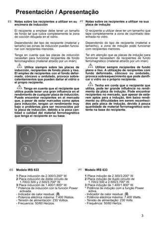 3
1
2
3
Presentación / Apresentação
Notas sobre los recipientes a utilizar en su
encimera de inducción
El recipiente a emplear debe tener un tamaño
de fondo tal que cubra completamente la zona
de cocción dibujada en el vidrio.
Dependiendo del tipo de recipiente (material y
tamaño) las zonas de inducción pueden funcio-
nar con recipientes menores.
Tenga en cuenta que las placas de inducción
necesitan para funcionar recipientes de fondo
ferromagnético (material atraído por un imán).
Utilice siempre sobre las placas de
inducción, recipientes de fondo plano y liso.
El empleo de recipientes con el fondo defor-
mado, cóncavo u ondulado, provoca sobre-
calentamientos que pueden dañar el vidrio o
el propio recipiente.
Tenga en cuenta que el recipiente que
utilice puede tener una gran influencia en el
rendimiento de cualquier placa de inducción.
Puede encontrar recipientes en el mercado
que, a pesar de estar marcados como aptos
para inducción, tengan un rendimiento muy
bajo o problemas para ser reconocidos por
la placa de inducción, debido a la poca can-
tidad o calidad del material ferromagnético
que tenga el recipiente en su base.
ES PT Notas sobre os recipientes a utilizar na sua
placa de indução
O recipiente a utilizar deve ter um tamanho que
tape completamente a zona de cozinhado des-
enhada no vidro.
Dependendo do tipo de recipiente (material e
tamanho), a zona de indução pode funcionar
com recipientes menores.
Ter em atenção que as placas de indução para
funcionar necessitam de recipientes de fundo
ferromagnético (material atraído por um iman)
Utilizar sempre recipientes de fundo
plano e liso. A utilização de recipientes com
fundo deformado, côncavo ou ondulado,
provoca sobreaquecimiento que pode danifi-
car o vidro ou o próprio recipiente.
Tenha em conta que o recipiente que
utiliza, pode ter grande influência no rendi-
mento da placa de indução. Pode encontrar
recipientes no mercado, que apesar de esta-
rem aptos para a indução, têm baixo rendi-
mento ou dificuldades em serem reconheci-
dos pela placa de indução, devido à pouca
quantidade de material ferromagnético exis-
tente na base do recipiente.
Modelo IRS 633
1 Placa inducción de 2.300/3.200* W.
2 Placa inducción de doble circuito de
1.700/2.500 y 2.500/3.700* W.
3 Placa inducción de 1.400/1.800* W.
* Potencia de inducción con la función Power
activada.
- Indicador de calor residual. (H)
- Potencia eléctrica máxima: 7.400 Watios.
- Tensión de alimentación: 230 Voltios.
- Frecuencia: 50/60 Herzios.
ES PT Modelo IRS 633
1 Placa indução de 2.300/3.200* W.
2 Placa indução de duplo circuito de
1.700/2.500 e 2.500/3.700* W.
3 Placa indução de 1.400/1.800* W.
* Potência de indução com a função Power
activa.
- Indicador de calor residual. (H)
- Potência eléctrica máxima: 7.400 Watts.
- Tensão de alimentação: 230 Volts.
- Frequência: 50/60 Hertzs.
 