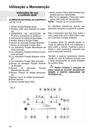 PT
30
Instruções de uso
e controlo táctil
ELEMENTOS DO PAINEL DE CONTROLO
(ver fig. 3 e 4)
Sensor de ligar/desligar geral.
Ponteiro slider para selecção de potên-
cia.
SENSORES DE SELECÇÃO DE
PLACA e indicadores de potência*
Indicadores do relógio temporizador.
Acesso directo à função Power.
Sensor de activação Função Bloqueio.
Sensor de activação Função Stop.
Luz indicadora Função Manutenção de
Calor activada*.
Luz indicadora Função Controlo de ebu-
lição activada*.
Luz indicadora Função Bloqueio activa-
da*.
Luz indicadora Função Stop activada*.
Sensor de activação Função Controlo
de Ebulição.
Sensor de activação Função
Manutenção de calor.
Sensor "menos" do relógio temporiza-
dor.
Sensor "mais" do relógio temporizador.
Ponto decimal.
Sensor Função Zona Total.
- Há luz (aceso): Placa seleccionada (pre-
parada para ser manobrada).
- Não há luz (apagado): Placa sem selec-
cionar (não pode ser manobrada).
NOTA: * Visíveis só em funcionamento.
As manobras realizam-se através dos
sensores marcados no painel de controlo.
Não é necessário que faça força sobre o
vidro, basta tocar com o dedo sobre o sen-
sor e activará a função desejada.
O ponteiro slider (2) permite ajustar os
níveis de potência (0- 9, e P) arrastando o
dedo sobre o mesmo. Fazendo-o para a
direita o valor aumentará, enquanto que
para a esquerda diminuirá.
Também é possível seleccionar directa-
mente um nível de potência tocando com
o dedo directamente no ponto desejado
do ponteiro slider.
Nestes modelos a selecção de
placa realiza-se tocando directamente
SOBRE O DÍGITO INDICADOR DE
POTÊNCIA (3).
Utilização e Manutenção
16
12
13
14
15
1
2
3
4
5
6
8
7
10
11
9
fig. 3
17
 