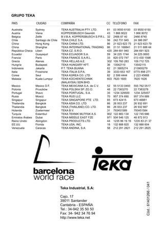 Cód.:61401266/041
Teka Industrial, S.A:
Cajo, 17
39011 Santander
Cantabria - ESPAÑA
Tel.: 34-942 35 50 50
Fax: 34- 942 34 76 94
http://www.teka.net
Australia
Austria
Belgica
Chile
China
China
República Checa
Ecuador
Francia
Grecia
Hungría
Indonesia
Italia
Corea
Malasia
Mexico
Polonia
Portugal
Rusia
Singapur
Thailandia
Thailandia
Holanda
Turquía
Emiratos Árabes
Reino Unido
EE.UU.
Venezuela
Sydney
Viena
Zellik
Santiago de Chile
Hong Kong
Shanghai
Liben
Guayaquil
Paris
Atenas
Budapest
Jakarta
Frosinone
Seul
Kuala Lumpur
Mexico D.F.
Pruszków
Ílhavo
Moscú
Singapur
Bangkok
Bangkok
Zoetermeer
Estambul
Dubai
Abingdon
Florida
Caracas
TEKA AUSTRALIA PTY. LTD.
KÜPPERSBUSCH Gesmbh
B.V.B.A. KÜPPERSBUSCH S.P.R.L.
TEKA CHILE S.A.
TEKA CHINA LTD.
TEKA INTERNATIONAL TRADING
TEKA CZ, S.R.O.
TEKA ECUADOR S.A.
TEKA FRANCE S.A.R.L.
TEKA HELLAS A.E.
TEKA HUNGARY KFT.
P.T. TEKA BUANA
TEKA ITALIA S.P.A.
TEKA KOREA CO. LTD.
TEKA KÜCHENTECHNIK
(MALAYSIA) SDN.BHD.
TEKA MEXICANA S.A. de C.V.
TEKA POLSKA SP. ZO.O.
TEKA PORTUGAL, S.A.
TEKA RUS LLC
TEKA SINGAPORE PTE LTD.
TEKA ASIA CO. LTD.
TEKA (THAILAND) CO. LTD.
TEKA B.V.
TEKA TEKNIK MUTFAK A.S.
TEKA MIDDLE EAST FZE
TEKA PRODUCTS LTD.
TEKA USA, INC.
TEKA ANDINA, S.A.
PAÍS CIUDAD COMPAÑÍA CC TELÉFONO FAX
GRUPO TEKA
61
43
32
56
86
86
420
59
33
302
36
62
39
82
603
52
48
35
70
65
66
66
31
902
971
44
18
58
03 9550 6100
1 866 8022
2466 87 40
242 731 945
21 623 623 75
21 51 168841
284 691 940
34 225 1744
820 072 747
109 760 283
13542110
21 3905274
3333 653 167
2 599 4444
7620 1600
55 5133 0493
22 7383270
1234 329500
957 374 690
673 42415
26 933 237
26 933 237
793451589
122 883 134
504 546 125
1235 86 19 16
132 888 820
212 291 2821
03 9550 6150
1 866 8072
2466 8740
24 386 097
21 623 623 79
21 511 688 44
284 691 923
34 225 0693
013 430 1598
109 712 725
13542115
213905279
0775 898 271
2 223 45668
7620 1626
555 762 0517
22 7383278
1234 325457
957 374 689
673 46881
26 932 691
26 932 667
793451584
122 745 686
48 872 913
1235 83 21 37
132 888 604
212 291 2825
 