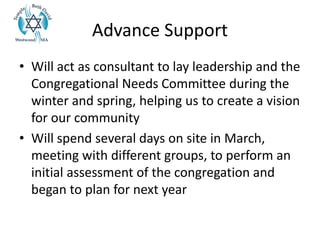Advance Support
• Will act as consultant to lay leadership and the
Congregational Needs Committee during the
winter and spring, helping us to create a vision
for our community
• Will spend several days on site in March,
meeting with different groups, to perform an
initial assessment of the congregation and
began to plan for next year
 