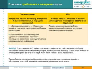 Взаимные требования и ожидания сторон
•
•
•                    Топ-менеджмент                                            IRO
•
•   Вопрос: что мешает активному внедрению              Вопрос: Чего вы ожидаете от Вашего
•       IR в российских малых и средних               руководства с точки зрения обеспечения
•                  компаниях?                                       IR-работы?
•
    I – «Затрудняюсь сказать» и «Недостаток           Помимо указанных выше проблем,
•   знаний, в том числе и инструментов IR среди       один опрошенный упомянул отсутствие
•   руководства»                                      штата младших сотрудников.
•
•   II – Отсутствие на российском рынке
•   «длинных» инвесторов и постоянно
•   меняющееся российское законодательство в
•   сфере раскрытия информации
•
•
•   ВЫВОД: Представители IRO либо постеснялись, либо для них действительно проблему
•   составляет только финансирование (которое, кстати, уже называлось). То есть иной помощи от
•   руководства кроме денег они не ждут. А вот ответ «топов» очень показателен.
•
•
•   Таким образом, основная проблема заключается в различном понимании предмета
•   обсуждения, то есть IR, взаимном когнитивном диссонансе, если хотите.
•
•
          © 2005 – 2012 ЗАО Интерфакс Бизнес Сервис      www.irconsulting.ru                12
 